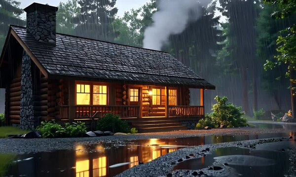 A cozy cabin in a rainy forest scene. Warm lights glow from the windows, reflecting in puddles on the path.  Smoke rises from the chimney