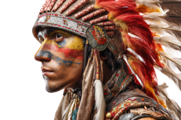 Native american male in traditional feathered headdress with colorful face paint, cut out