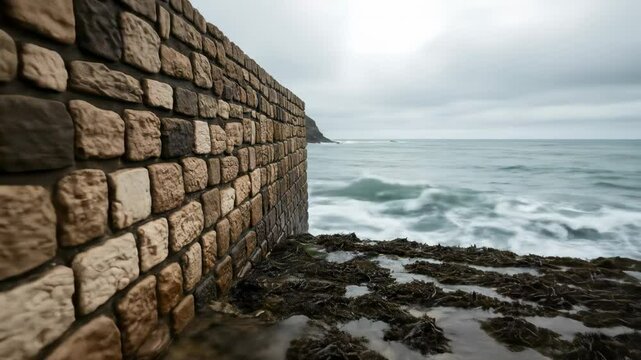 Serene coastal view featuring a stone wall beside turbulent waves under a moody sky - cobble wall