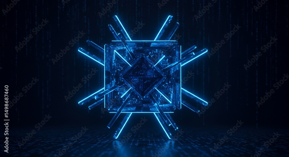 Poster abstract glowing blue cube with futuristic digital pattern on dark background and geometric network 