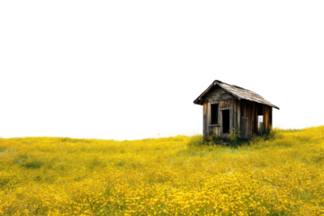 Rustic wooden cabin in vibrant yellow wildflower field under clear blue sky, cut out