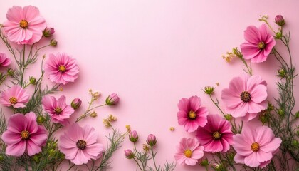 Arrangement of vibrant pink cosmos flowers with green stems and small buds on soft pink background creating a delicate and cheerful mood