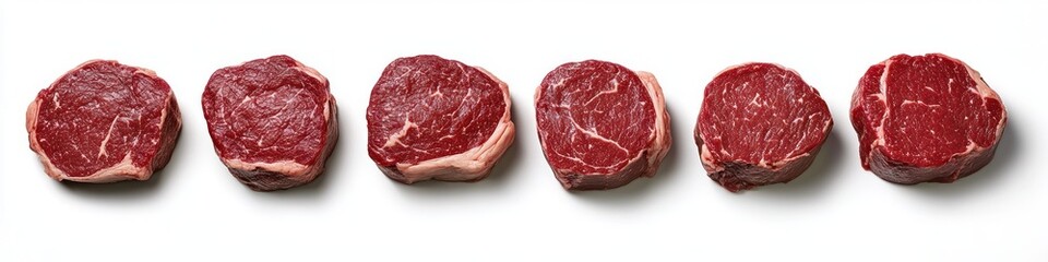 Obraz premium Six raw beef tenderloin steaks arranged in a row on a white background showing fresh red meat with light marbling