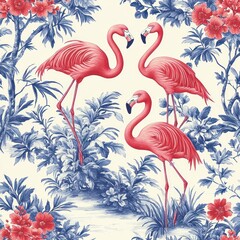 Obraz premium Three vibrant pink flamingos standing gracefully among blue and red tropical foliage and flowers on a light background