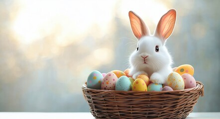 Cute white bunny sitting inside a wicker basket filled with colorful decorated Easter eggs capturing a peaceful and joyful springtime mood