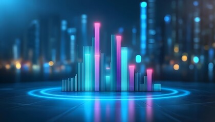 Digital graphic representation of a rising bar graph against a cityscape.