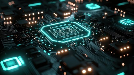 Obraz premium Close-up circuit board, glowing chip