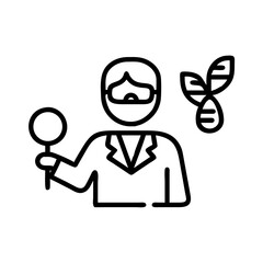 Biologist Outline Icon with Plant and Magnifier
