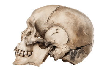 Detailed side view of an ancient human skull, cut out