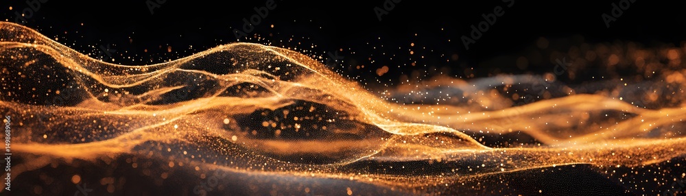 Poster abstract design with flowing orange particles on a black background.