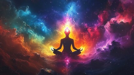 Silhouette of a person meditating in lotus position surrounded by vibrant cosmic clouds and bright colorful light emanating from the head, evoking a sense of inner peace and enlightenment