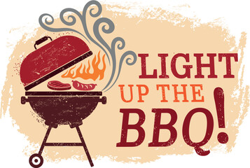 Grunge BBQ Invitation. Vintage Grill with Flames and Smoke
