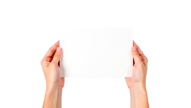 Manos sosteniendo un cartel blanco. Aislada sobre fondo transparente. PNG.