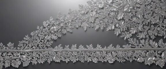 Shimmering metallic background adorned with ornate silver leaf lace border , reflective, filigree