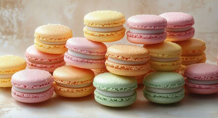 Fototapeta premium Stacked pastel-colored macarons with cream filling arranged on a light textured surface, evoking a delicate and inviting dessert scene