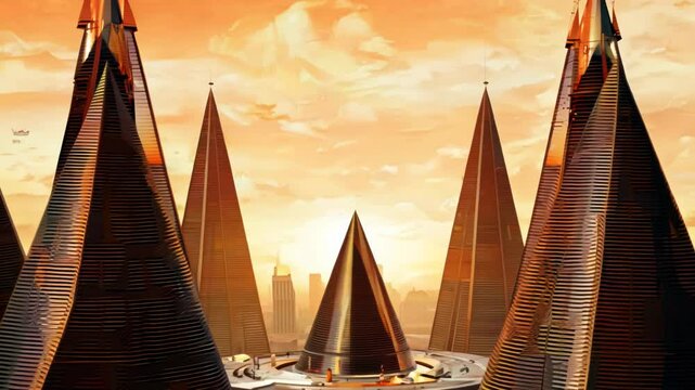 Futuristic cityscape with surreal architecture and flying structures at sunset