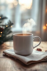 Fototapeta premium Steaming hot beverage in a white mug on a cloth napkin on a wooden table with blurred warm lights and evergreen branches in background creating a cozy atmosphere