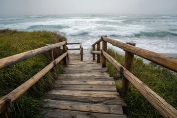 Naklejka premium Wooden boardwalk stretching to the beach, with waves crashing below as the breeze flows.
