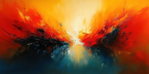 Abstract painting with vibrant fiery red and orange colors merging with dark blues and blacks, creating a dynamic explosion of light and energy with textured brush strokes