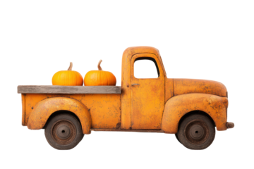 Vintage orange truck with two pumpkins in bed on black background, cut out