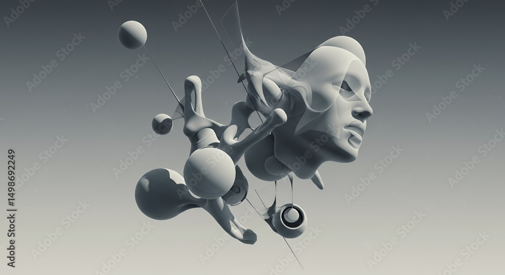 Aufkleber abstract digital monochrome portrait sculpture with floating spheres geometric design modern 3d rend