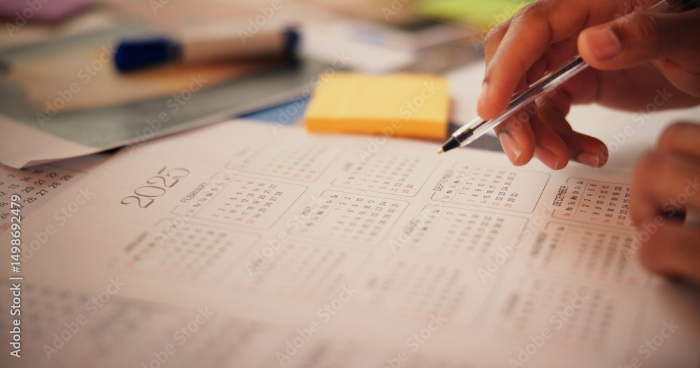 Poster person, planning and hands writing on calendar for reminder, deadline update and time management. go