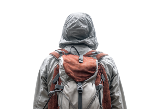 Person in hooded jacket and backpack facing away on black background, cut out