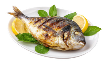 Grilled dorado with lemon and mint garnish on white plate, cut out