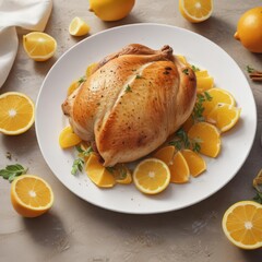 Golden-brown chicken breast with bright citrus segments  Kitchen setting, white plate ,  gourmet,  dinner