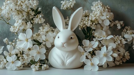 A white ceramic rabbit figurine surrounded by delicate white flowers against a muted background conveying calm and elegance
