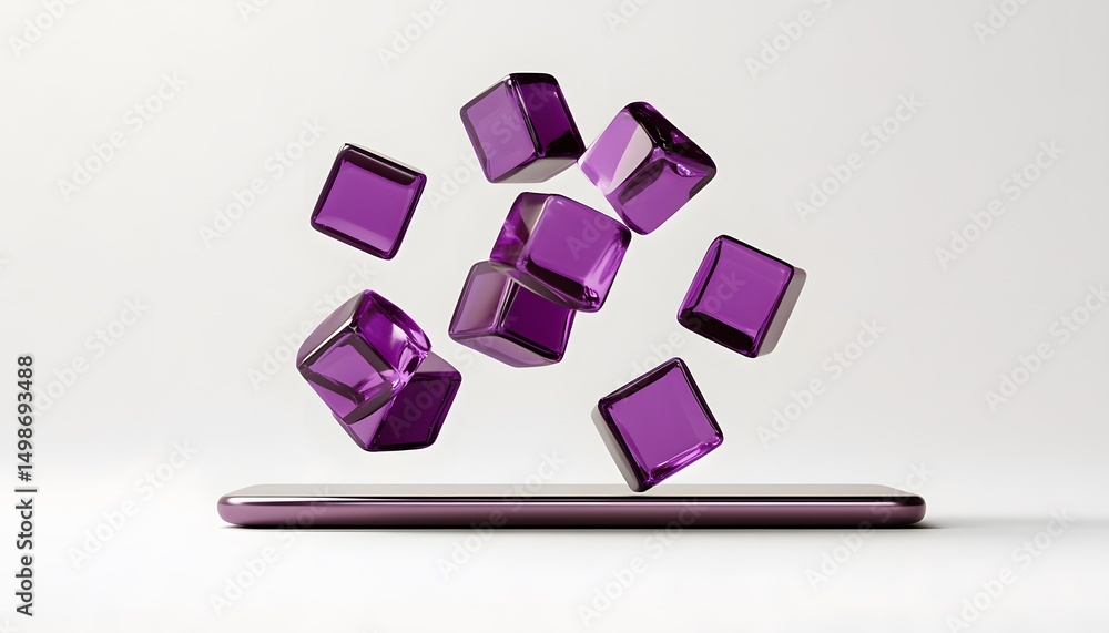 Poster purple cubic shapes floating above a device.