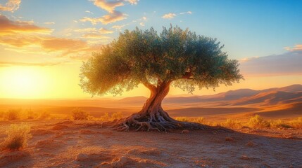 Solitary ancient olive tree with sprawling roots in arid desert landscape under a vibrant golden sunset sky