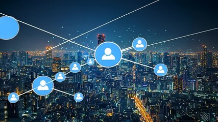 Global Network Connection and Communication in the City at Night, illustrating social media interaction - Powered by Adobe