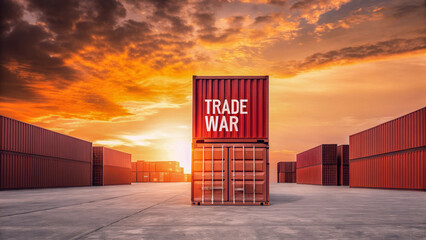 Trade war negotiation tension shown by shipping container at sunset in industrial port