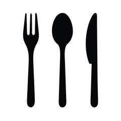 Simple black silhouette of a fork, spoon, and knife.