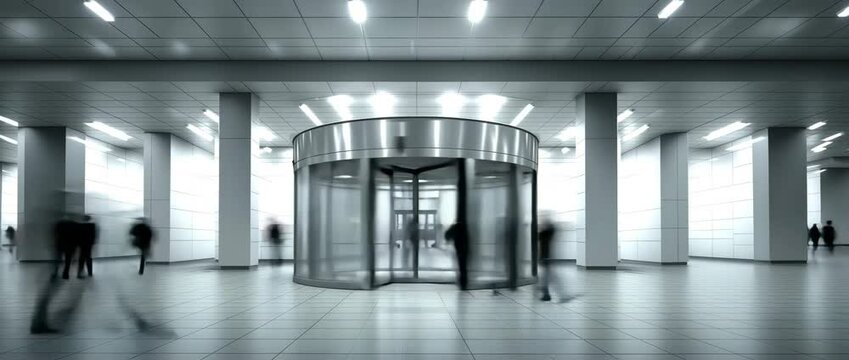 Surreal lobby with revolving glass door and fluorescent lighting as camera tracks in toward entrance while blurred figures pass by in ghostlike motion