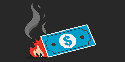Great recession concept with burning money symbolizing financial crisis and economic loss