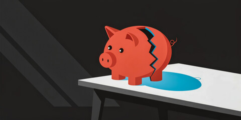 Great loss during recession as broken piggy bank sits on table in dark room