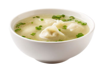 Delicious asian dumpling soup with green onions in white bowl, cut out