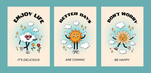 Positive groovy retro cartoon poster set. Funky comic psychedelic poster collection with flower, sun, cloud, nature characters. 60s, 70s, 80s hippie vector illustrations.