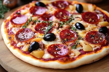 Close-up of a freshly baked pizza topped with pepperoni slices, black olives, herbs, cheese, and pieces of pineapple on a wooden surface