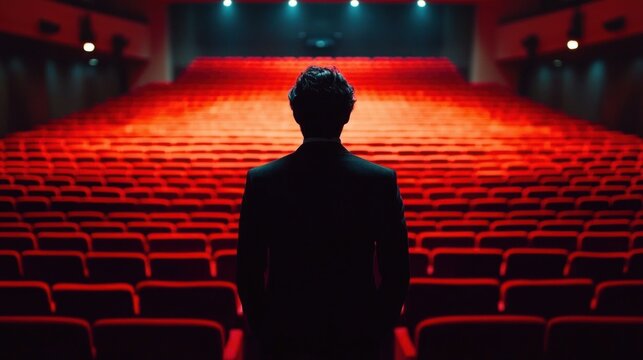Silhouette of a man in a suit standing alone facing a large empty auditorium with rows of red seats under theater lighting