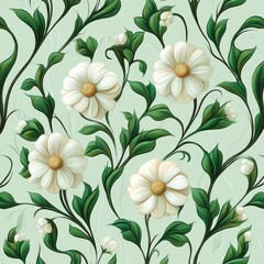 Obraz premium Seamless pattern of white flowers with golden centers surrounded by green leaves and buds on a light green background, evoking freshness and elegance