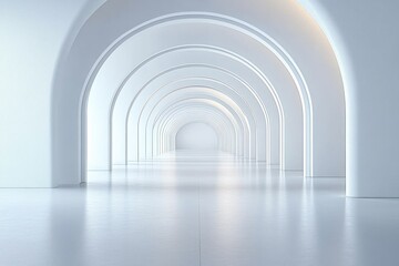 Obraz premium Endless white arched hallway with smooth floor and soft glowing lights creating a futuristic, serene atmosphere