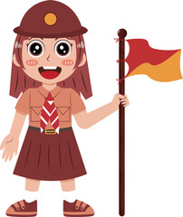 Cartoon Illustration of Girl Scout with Flag