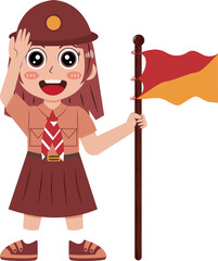 Cartoon Illustration of Girl Scout Saluting with Flag