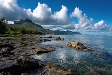 A serene view of the coastline with clear waters and the sun reflecting off the gentle waves.