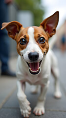 Close-up of an athletic Jack Russell Terrier with bright eyes, playful expression, in a modern urban environment, full of energy and enthusiasm, bold colors.