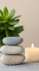 Fototapeta premium Contemporary zen wellness setup, muted tones, soft lighting, and an uncluttered space