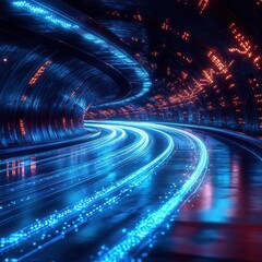 Futuristic tunnel illuminated with vibrant blue and orange lights curving smoothly creating a sense of high-speed motion and advanced technology